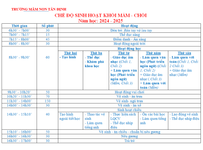 Lịch sinh hoạt khối mầm chồi năm 2024-2025